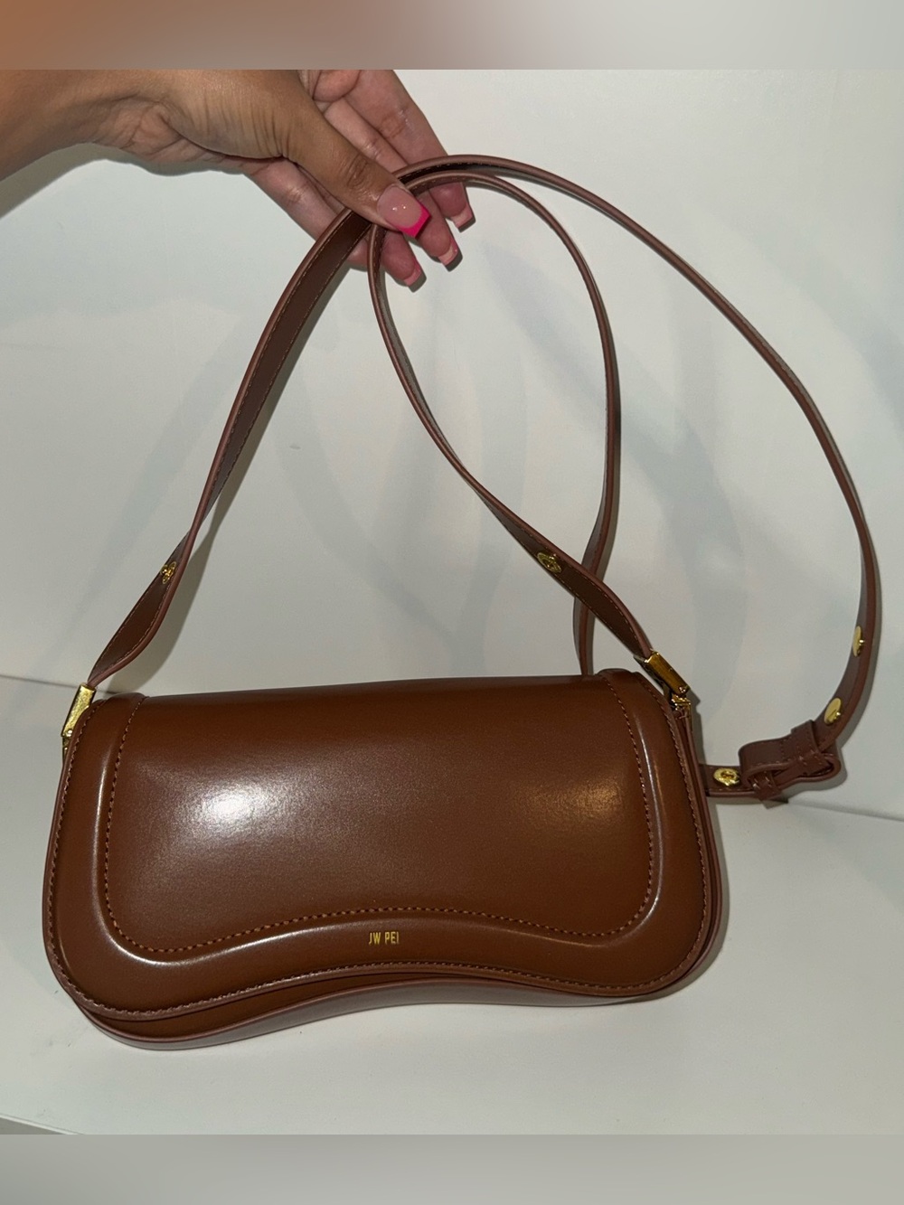 JW PEI Chestnut Brown Vegan Leather Joy Shoulder Bag with Gold Hardware